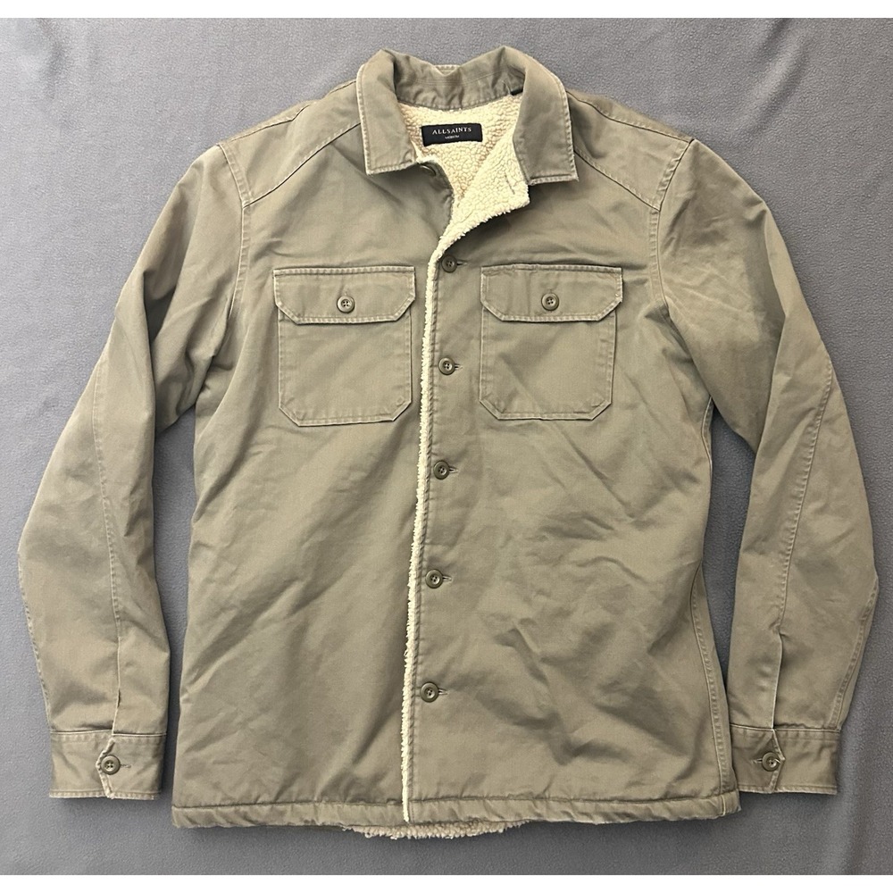 Allsaints Sherpa Trucker Canvas Jacket Borg Lined Men's Medium Greenish Gray